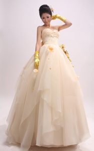 Customize Champagne Sweetheart Organza Prom Party Dress with Flowers