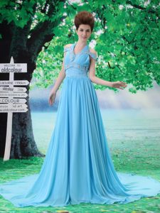 Perfect Halter Off The Shoulder Court Train Prom Party Dress in Aqua Blue