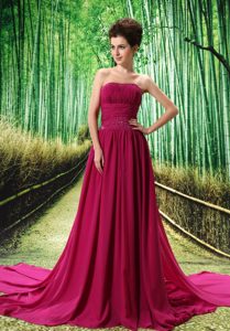 Elegant Strapless Wine Red Watteau Train Prom Evening Dress for Women