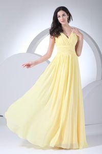 Low Price V-neck Yellow Long Ruched Prom Evening Dresses for Summer