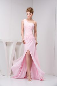 Perfect One Shoulder Baby Pink Prom Formal Dress for Lady with High Slit