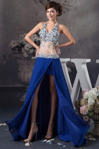 Sexy Halter Royal Blue High Slit Prom Dresses for Women with Rhinestones