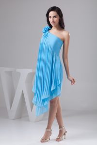 2014 New Asymmetrical One Shoulder Blue Prom Party Dress with Flower