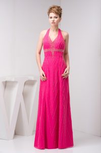 Inexpensive Halter Hot Pink Beaded Long Prom Holiday Dress for Tall Grils