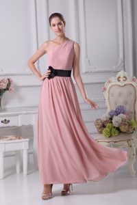 Discount One Shoulder Pink Ankle-length Prom Gown Dresses with Ribbon