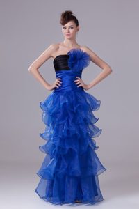 Unique Blue Strapless Long Prom Party Dress with Ruffle-layers and Flower