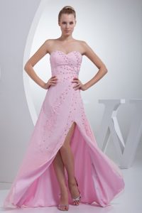 New Arrival Sweetheart Pink Beaded Prom Celebrity Dresses with High Slit