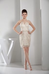 2014 New Style Sheer Neck Champagne Prom Cocktail Dresses with Lace