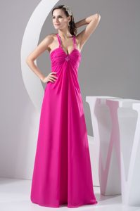 Popular Hot Pink Long Chiffon Prom Celebrity Dress with Crisscross
