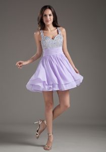 Straps Mini-length Real Sample Chiffon Prom Gown Dress with Beads in Lavender