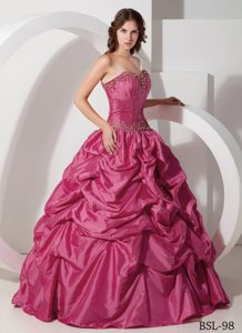 Fitted Coral Red Quinceanera Dress in Taffeta with Pick-ups and Beading