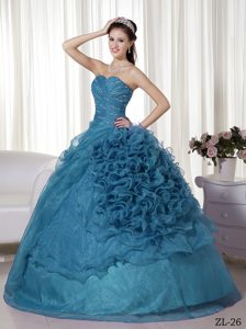 Organza Sweet 16 Dresses with Beading and Rolling Flowers in Aqua Blue