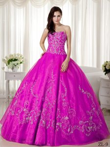Beaded and Embroidery Sweetheart Organza Sweet 16 Dresses in Fuchsia