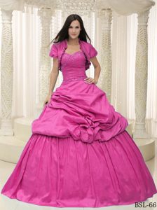 Rose Pink Sweetheart Quince Dress with Appliques and Pick-ups in Taffeta
