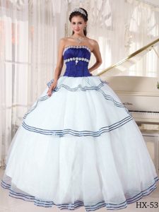 Fitted White and Blue Quinceaneras Dresses with Appliques and Beading