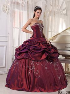 Burgundy Strapless Embroidery and Beaded Quince Dress with Pick-ups