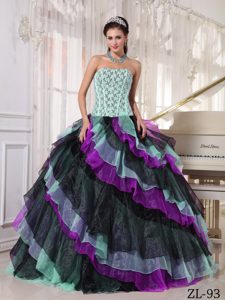 Multi-color Strapless Organza Quince Dress with Appliques and Beading