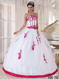 White Quinceanera Dress in Satin and Organza with Appliques