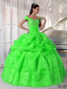 Spring Green Off The Shoulder Dress for Quinces in Taffeta and Organza