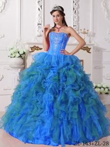 Blue Sweetheart Satin and Organza Embroidery Dresses for Quinceanera