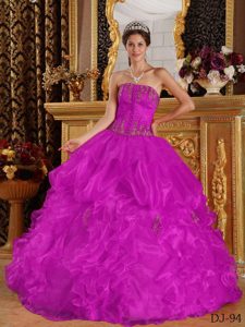 Perfect Strapless Dress for Quince in Fuchsia with Appliques and Ruffles