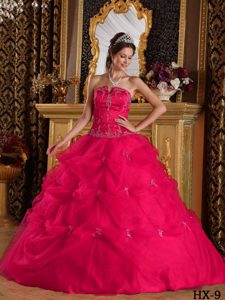 Hot Pink Strapless Sweet 15 Dresses with Appliques and Pick-ups in Tulle