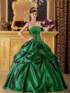 Hunter Green Strapless Appliqued Quinceanera Gown Dresses in Taffeta