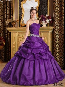 Purple Strapless Taffeta Quinceanera Dress with Appliques and Pick-ups
