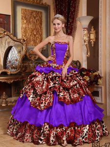 Pretty Purple Strapless Quince Dress in Taffeta and Leopard with Pick-up
