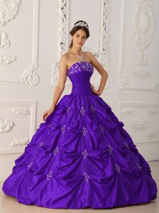 Taffeta Dresses for Quince with Appliques and Beading in Eggplant Purple
