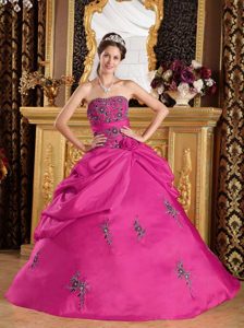 Hot Pink Strapless Embroidery Sweet Sixteen Quinceanera Dress in Taffeta