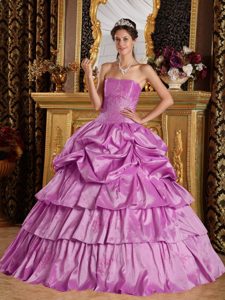 Lavender Taffeta Beaded Strapless Sweet Sixteen Dresses with Appliques