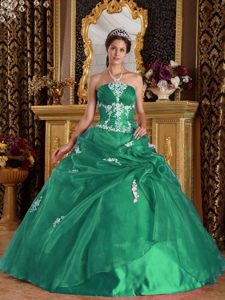 Green Quinceaneras Dress with Appliques in Organza and Satin