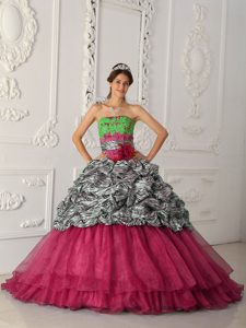 Red Strapless Zebra and Organza Quinceaneras Gowns with Chapel Train
