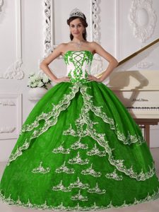 Spring Green and White Strapless Dress for Quince with Appliques on Sale
