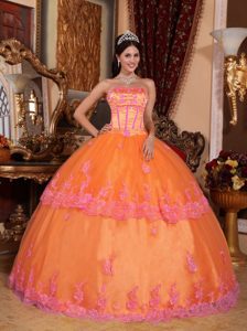 Orange Strapless Appliqued Quinceaneras Dresses in Organza and Lace