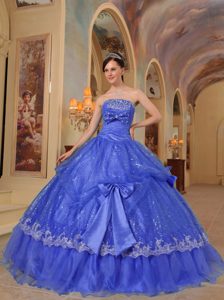 Pretty Blue Quinceanera Gown with Bows in Sequin and Organza