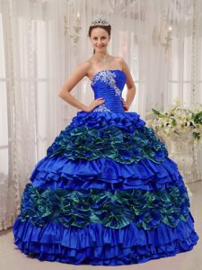 Best Blue Strapless Taffeta Quinceanera Gown with Appliques and Ruche