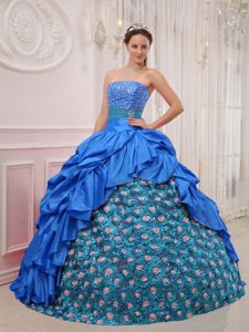 Blue Strapless Taffeta Ruched Quinces Dresses with Beading and Flowers