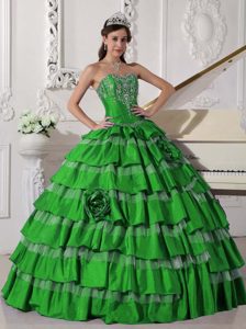 Layered Green Quinceanera Gown Dress with Embroidery and Handmade Flowers