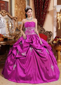 Strapless Long Taffeta Quinceanera Dress in Fuchsia with White Appliques