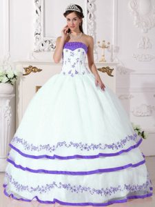 Strapless Beading Sweet 15 Dress with Layers and Appliques in White and Purple