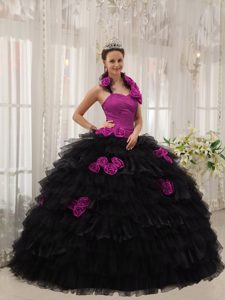 Fuchsia and Black Halter-top Quince Gown Dress with Ruffles and Handle Flowers