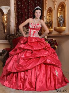 Coral Red Pick-ups Quinceanera Gown Dresses in Taffeta with White Appliques