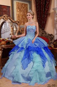 Colorful Ruffled Quince Gown with Heart Shaped Neckline in Taffeta and Organza