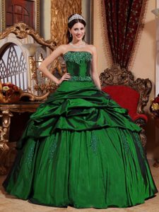 Beading Taffeta 2014 Sweet Sixteen Quinceanera Dresses with Pick-ups in Green
