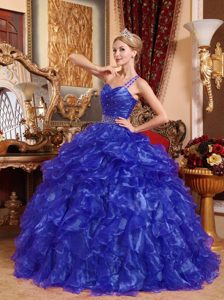 Blue One Shoulder Long Organza Dress for Quince with Beads and Ruffles