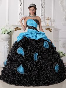 Black and Blue Beaded Dress for Quinceanera with Pick-ups and Rolling Flowers