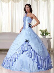 Lilac One Shoulder Quince Gowns in Taffeta with Handmade Flowers and Ruffles