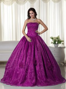 Fuchsia Quinceanera Gown Dresses with Beads and Handmade Flowers